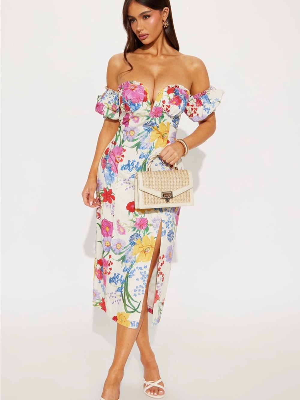 Fashion Nova White Floral Off-Shoulder Midi Dress